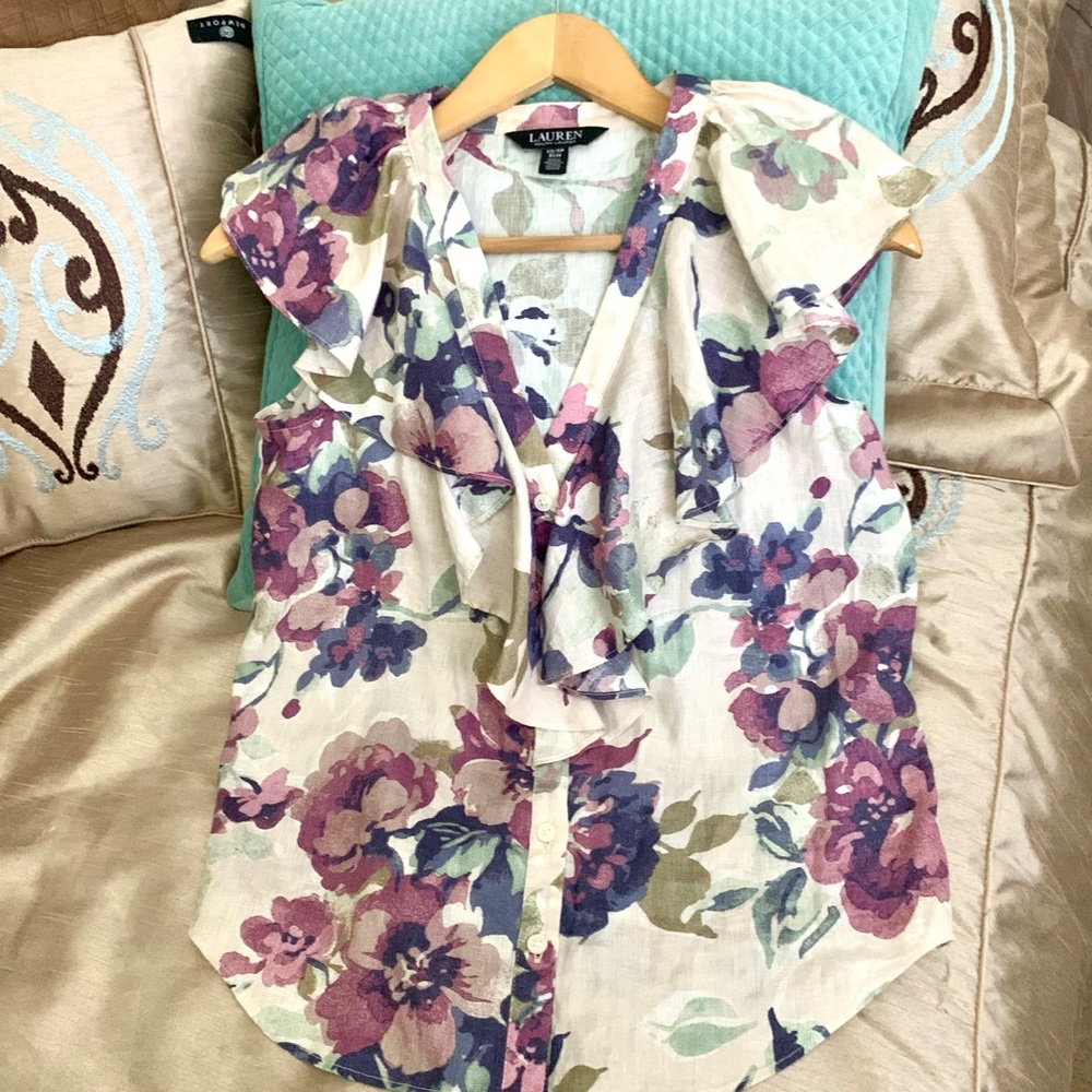 Ralph Lauren Floral Linen Flutter Sleeve Top - Picture 2 of 11